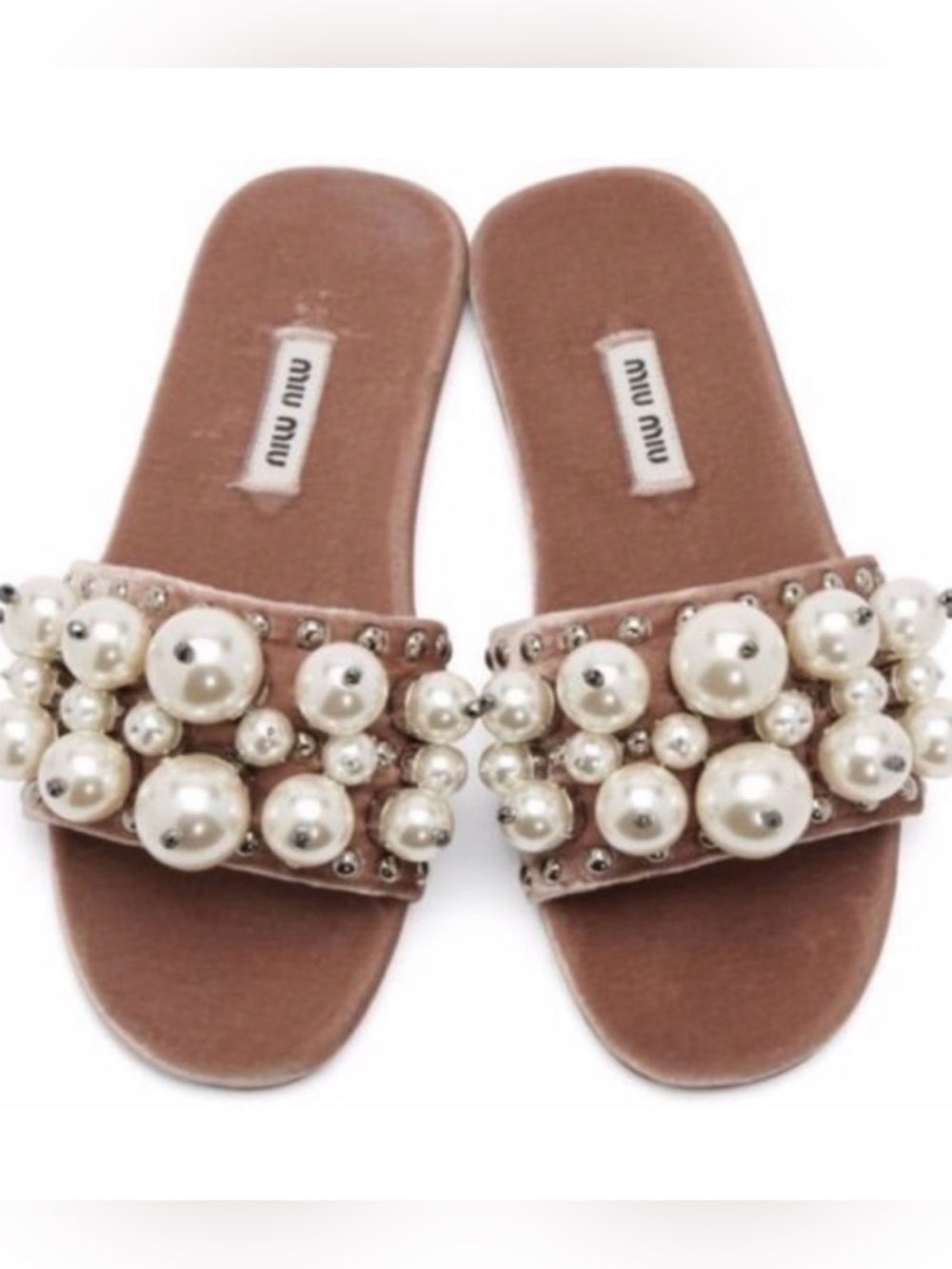 Miu Miu Pink Velvet Faux Pearl & Stud Slides sz 7